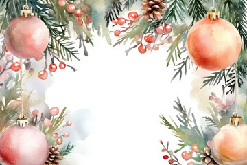 Watercolor Christmas Ornament Illustration with Fir Branches and Berries, space for text, invitation template