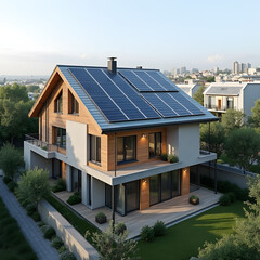 Modern eco friendly passive house with solar panels on rooftop. Home solar panel. Solar panels on roof of modern apartment building in city
