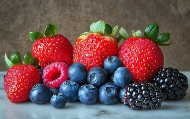Obraz premium Close-up of fresh strawberries, raspberries, blueberries, and blackberries arranged on a marble surface.