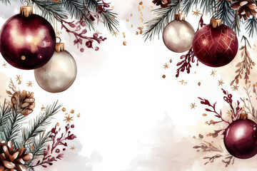 Watercolor Christmas Ornaments and Pine Cones Border Design, space for text, invitation template