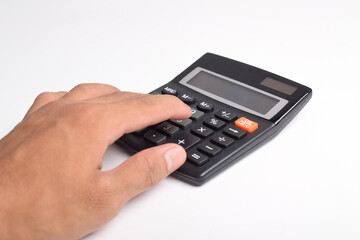 Man hands holding and using a calculator isolated on a white background