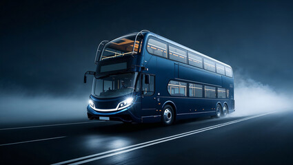 Modern double decker bus driving on a highway at night