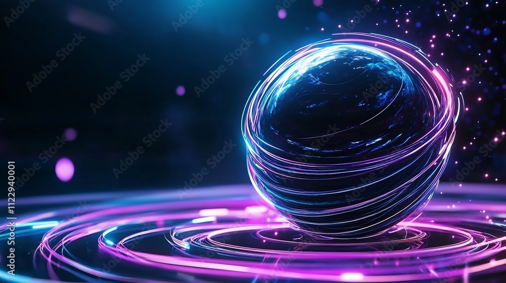 Poster mesmerizing neon sphere with luminous light trails in spiraling motion,radiating a sense of