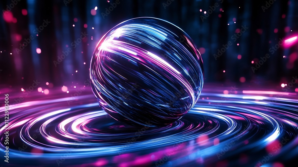 Poster mesmerizing neon sphere with luminous light trails spiraling hypnotic motion patterns