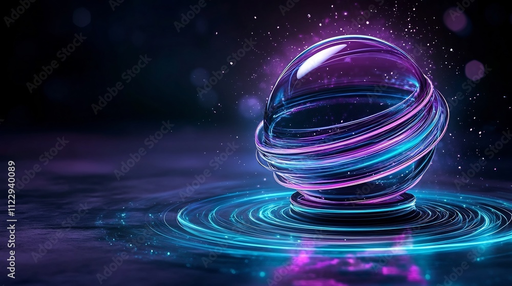 Poster mesmerizing neon sphere with luminous light trails spiraling in abstract motion patterns