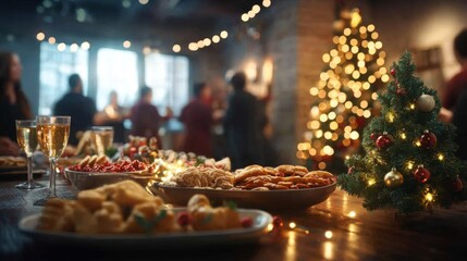 Fototapeta premium People celebrating Christmas dinner with festive decor and delicious food