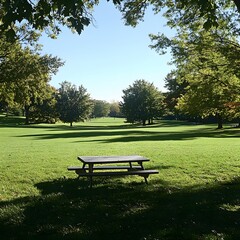 Fototapeta premium An open space in a recreation area with wide green lawns, perfect for an afternoon picnic.