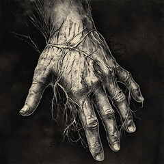 Detailed illustration of a hand with intricate veins and roots. Concept of dark fantasy, horror, and anatomy.