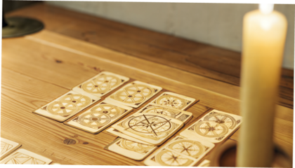 Wooden Tarot Cards with Esoteric Symbols on a Candlelit Table, Mystical Atmosphere