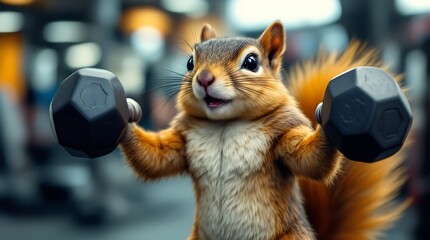 A cheerful squirrel is depicted sitting on a rowing machine, like a tiny athlete, Generative AI