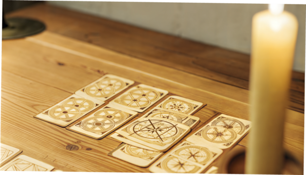 Wooden Tarot Cards with Esoteric Symbols on a Candlelit Table, Mystical Atmosphere - Powered by Adobe