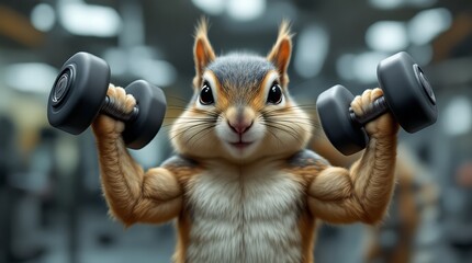 A cheerful squirrel is depicted sitting on a rowing machine, like a tiny athlete, Generative AI
