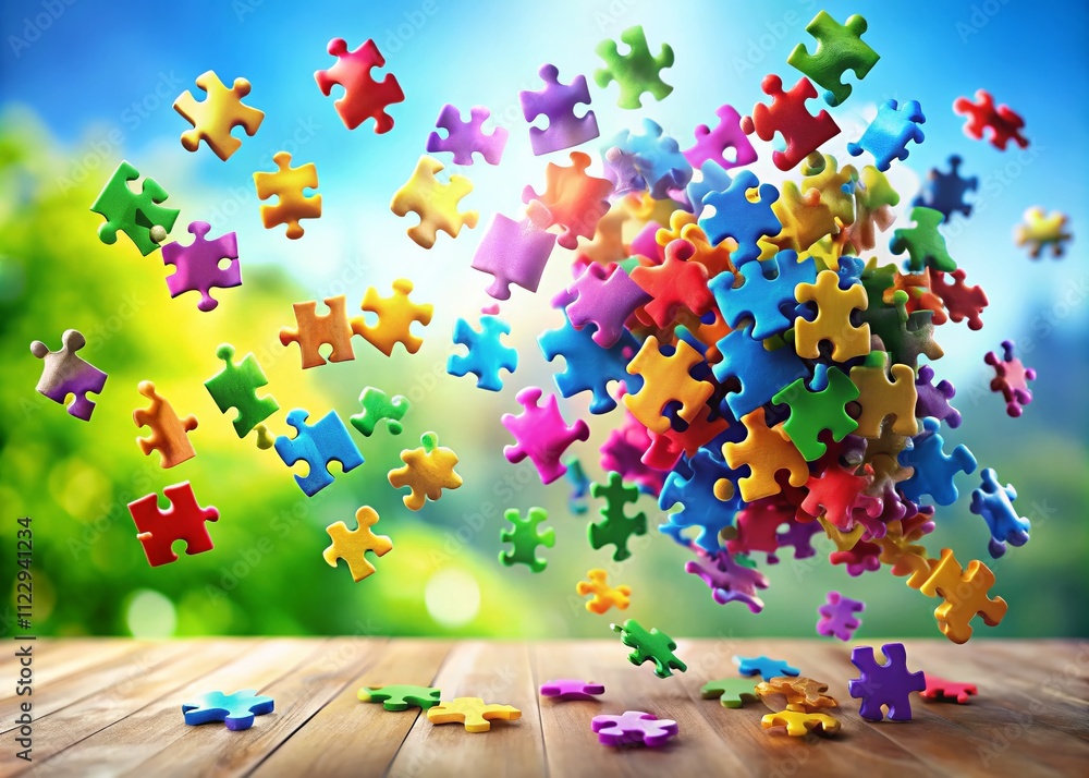 Poster floating colorful jigsaw puzzle pieces in midair symbolizing creativity and problem-solving journey 