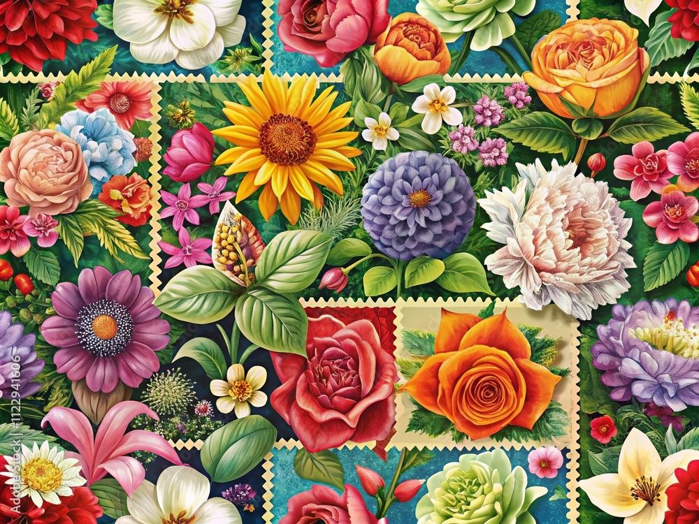 Poster floral stamp pattern with botanical illustrations for continuous background design, perfect for fabr