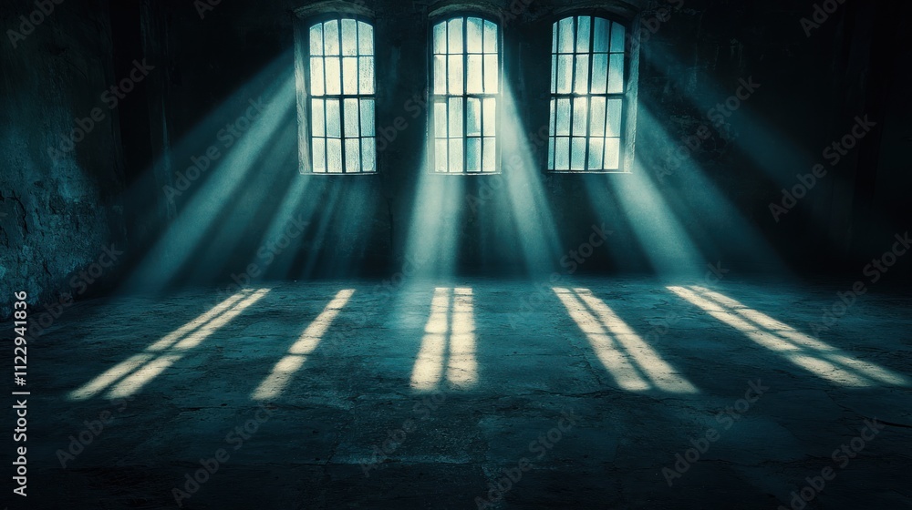 Poster a dimly lit room with beams of light filtering through barred windows.
