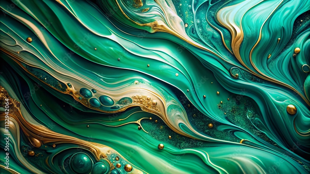 Poster fluid art liquid emerald green abstract drips and waves in a marble effect background with copy spac