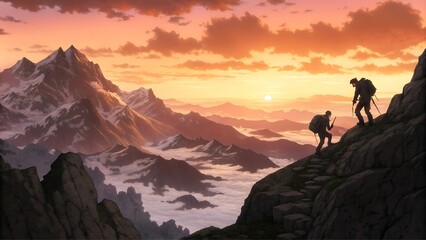 Fototapeta premium High mountain ridge with climbers silhouetted against a sunrise watercolor anime style painting