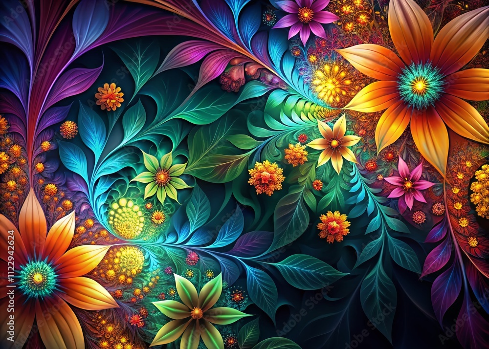 Poster fractal floral background with leaves on dark: a mesmerizing display of nature's patterns and colors