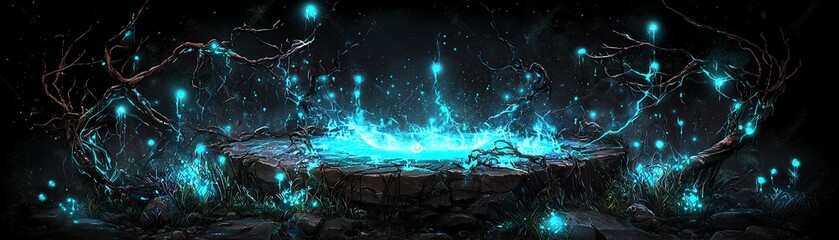 A mystical glowing portal surrounded by ethereal light and dark vines, inviting imagination and creativity.