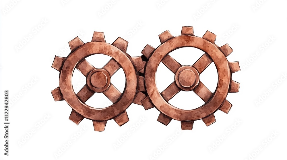 Poster interlocking gears symbolizing teamwork and synergy in clean watercolor style design