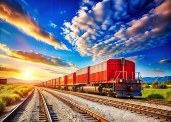 Obraz premium Freight Train with Red Wagons Against a Clear Blue Sky, Capturing the Essence of Transportation and Nature's Beauty in a Stunning Food Photography Style