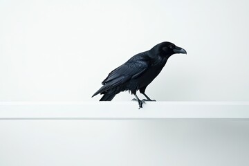 Fototapeta premium A sleek raven holding onto a glossy white bar minimalistic white environment