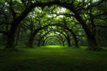 Fototapeta premium A serene grove of lush green trees creates a natural archway, inviting tranquility and peace in the forest.