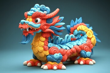 A colorful, stylized dragon figurine made from vibrant, swirling patterns.