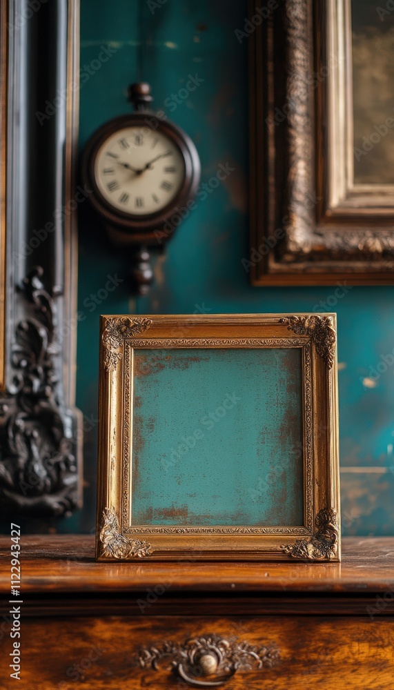 Poster a vintage setting featuring an empty ornate frame and a clock against a textured wall.