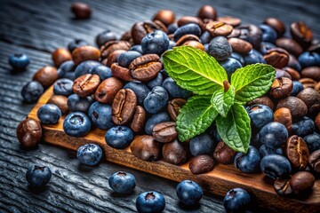 Obraz premium Fresh Blueberries and Coffee Beans on Black Slate with Wooden Background, Perfect for Culinary and Beverage Photography, Showcasing Texture and Color Contrast in a Natural Setting