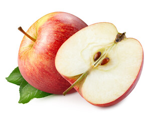 Red Apple isolated on white background. Apple fruit clipping path. Apple half macro studio photo