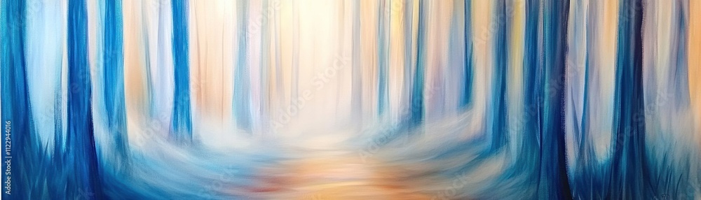 Poster a soft, blurred depiction of a serene forest scene with light filtering through the trees.