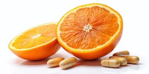 Fototapeta premium Fresh Half Orange with Vitamin C Tablets on White Background for Health and Wellness Product Photography