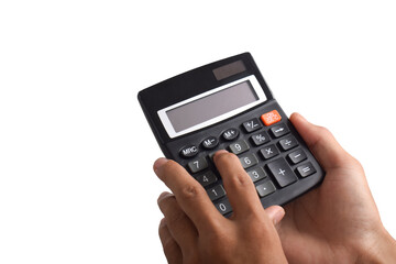 Hands holding and using a calculator isolated on a white background