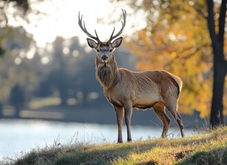 Fototapeta premium Red Deer Stag with Majestic Antlers Standing in a Meadow