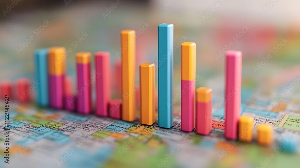 Poster colorful 3d digital bar graph and infographic on map background depicting financial analytics and