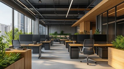 Modern office interior with natural elements, sunlight streaming through large windows, showcasing desks, plants, and a minimalist design.