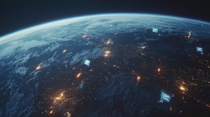 Obraz premium Earth at night with glowing screens representing global connectivity.
