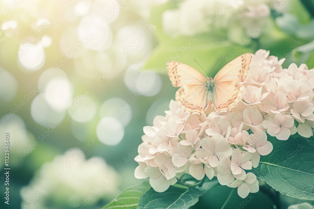 Poster delicate butterfly resting on soft pink hydrangea petals surrounded by a dreamy green bokeh backgrou