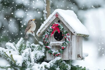 A small birdhouse decorated with Christmas garlands and snowflakes nestled in a snowy garden