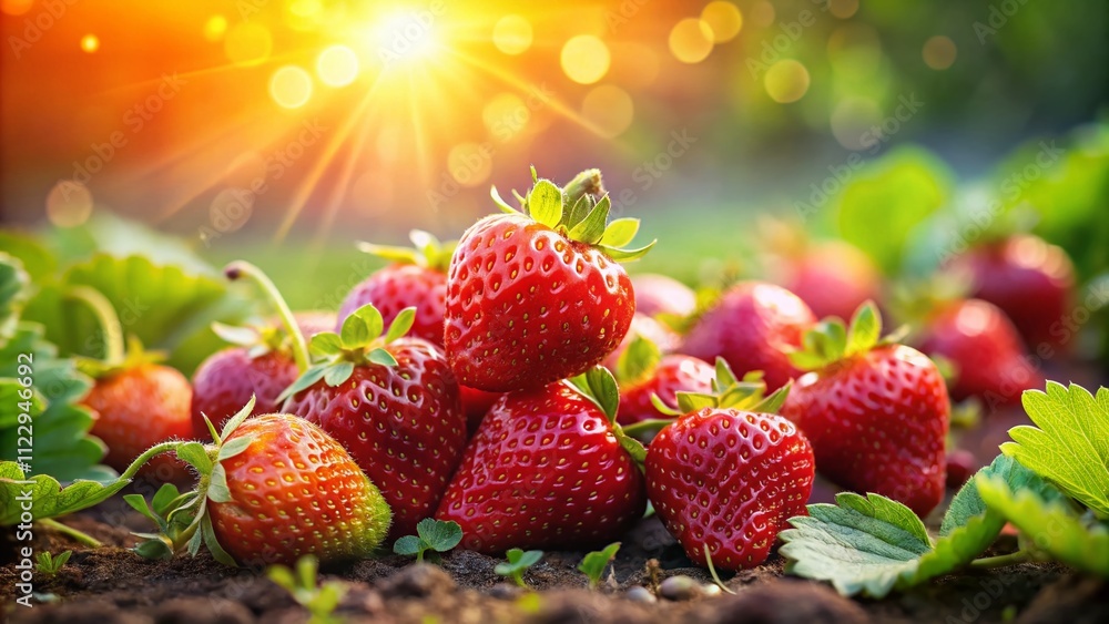 Aufkleber fresh strawberries in a sunlit field with editable text effect for creative projects and marketing u