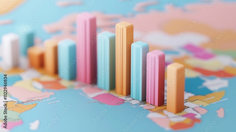 Poster 3d bar graph on colorful geographic map for global market analysis report