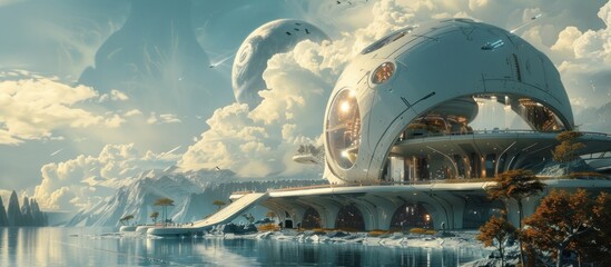 Futuristic underwater floating city concept with advanced sci fi architecture modern transportation vehicles and a serene lakeside setting against a dramatic cloudy sky