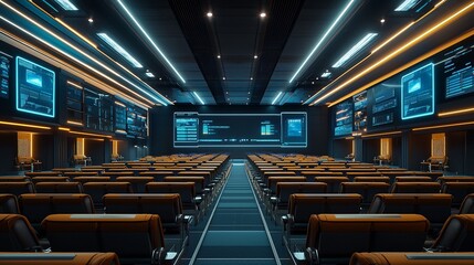 Naklejka premium business lecture hall with rows of seats and digital screens