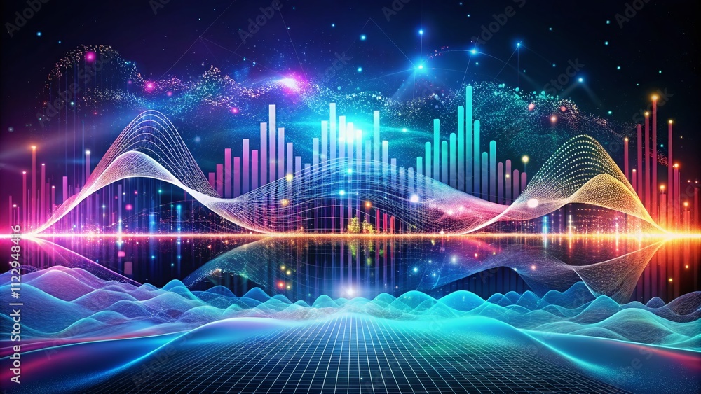Poster futuristic big data visualization with sound waves and music equalizer in an abstract digital landsc