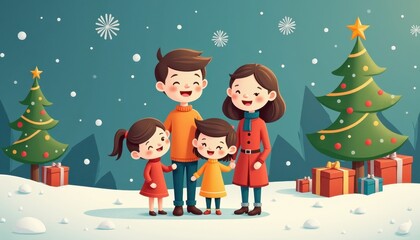 Fototapeta premium happy family 2D art style illustration cartoon Christmas winter background