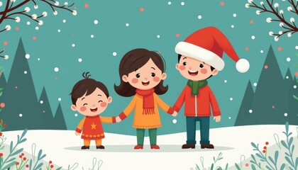 Fototapeta premium happy family 2D art style illustration cartoon Christmas winter background
