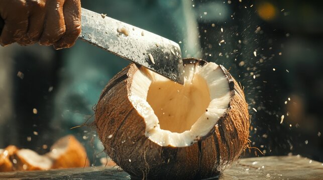 Dynamic young coconut opening machete culinary art in a tropical food prep setting - Powered by Adobe