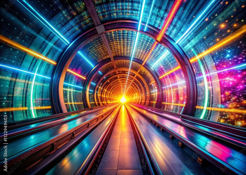 Poster futuristic digital tunnel glowing with speed, showcasing vibrant colors and abstract patterns in a s