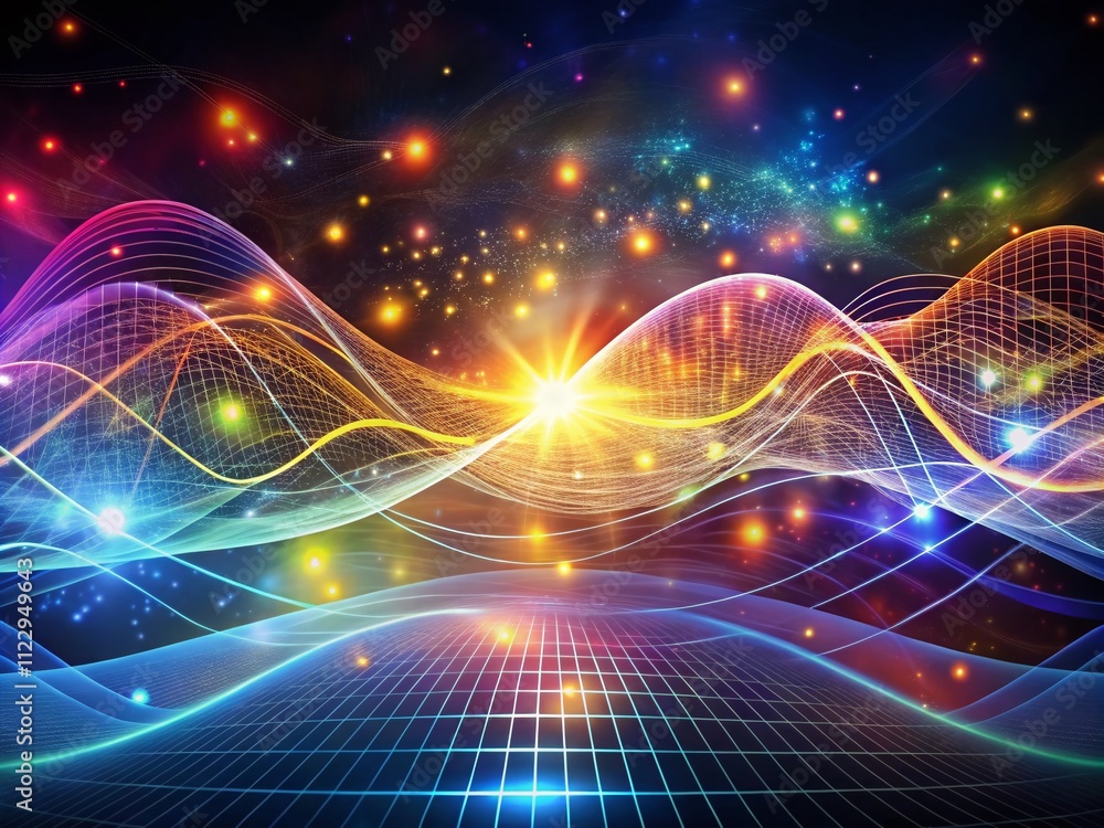 Poster futuristic digital waves in a glowing science background showcasing the flow of technology and innov